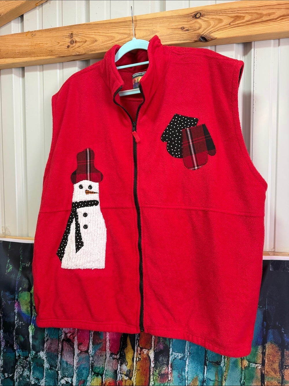 Red Holiday Snowman Fleece Vest with Mittens Applique